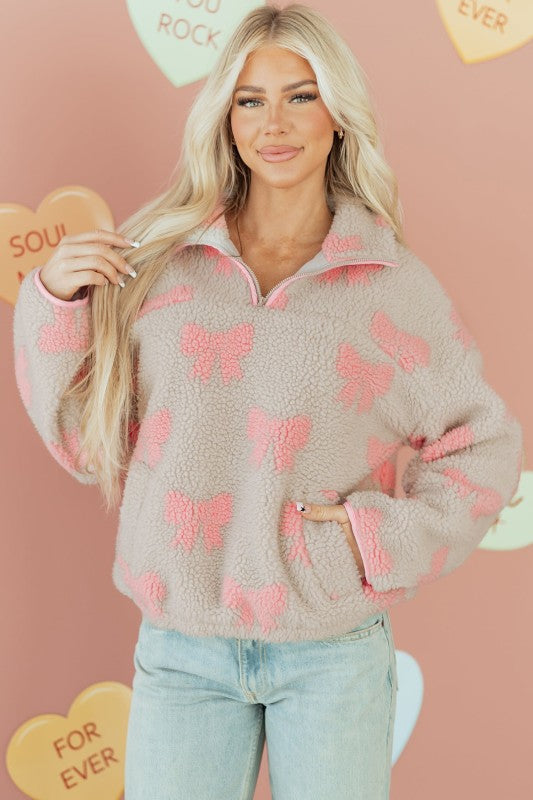 Valentine Bow Sherpa Quarter Zip Sweatshirt