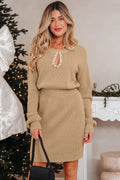 Embellished Keyhole Ribbed Sweater Dress
