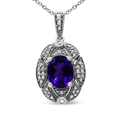 .925 Sterling Silver Diamond Accent and 9x7mm Purple Oval Amethyst Gemstone Pendant 18" Necklace (I-J Color, I1-I2 Clarity)-0