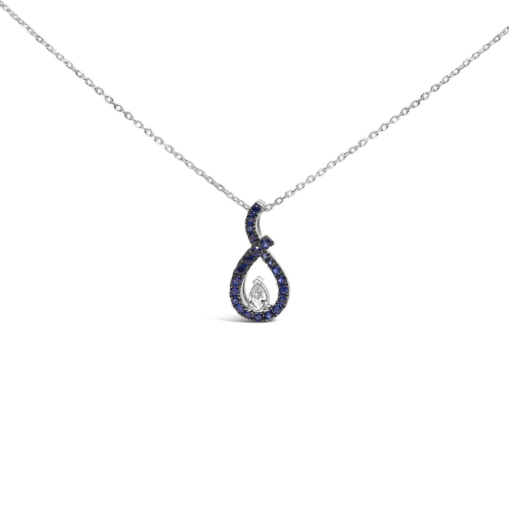 .925 Sterling Silver Created Blue and White Sapphire Teardrop Shaped Pendant Necklace - 18" Inches-0
