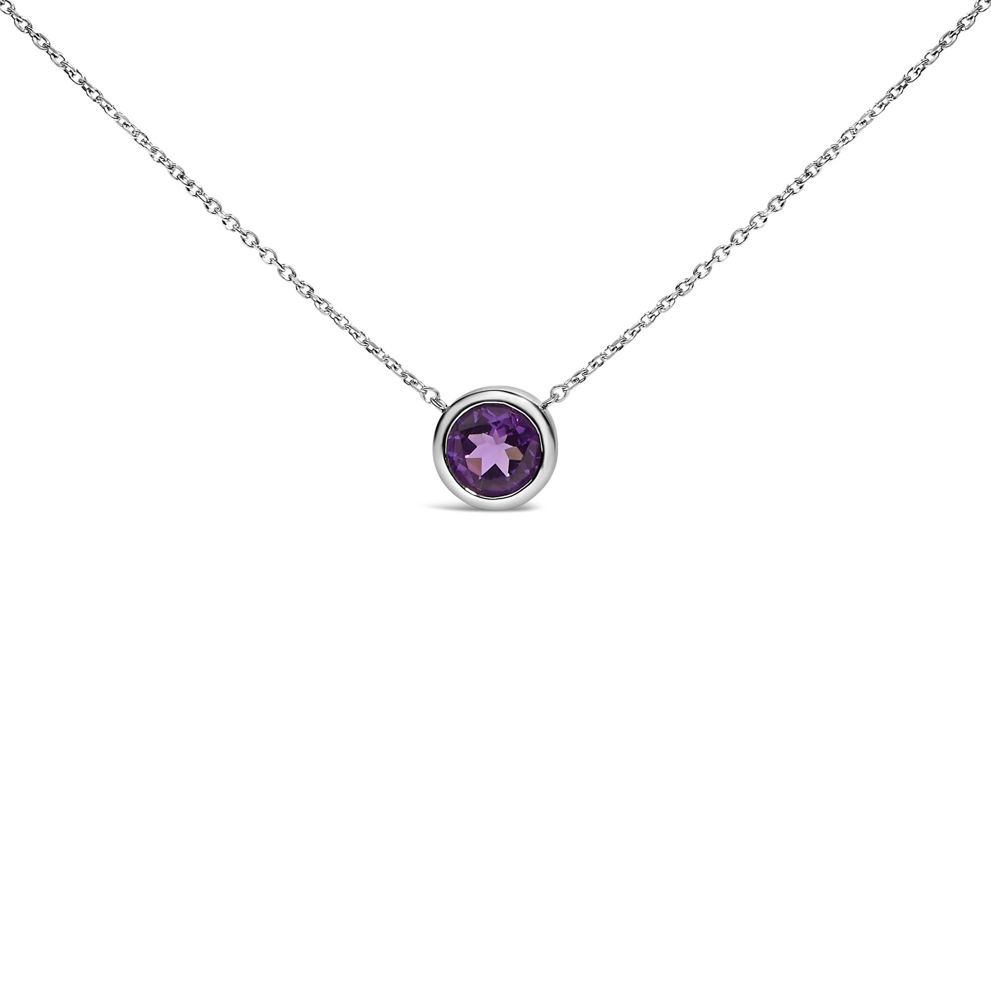 .925 Sterling Silver 7MM Bezel Set Created Gemstone Pendant Necklace - 18" Inches