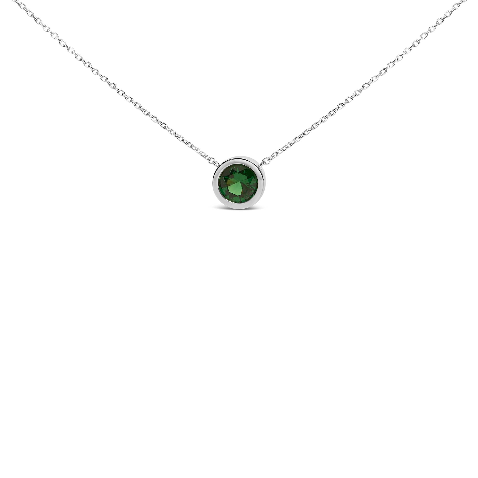 .925 Sterling Silver 7MM Bezel Set Created Gemstone Pendant Necklace - 18" Inches