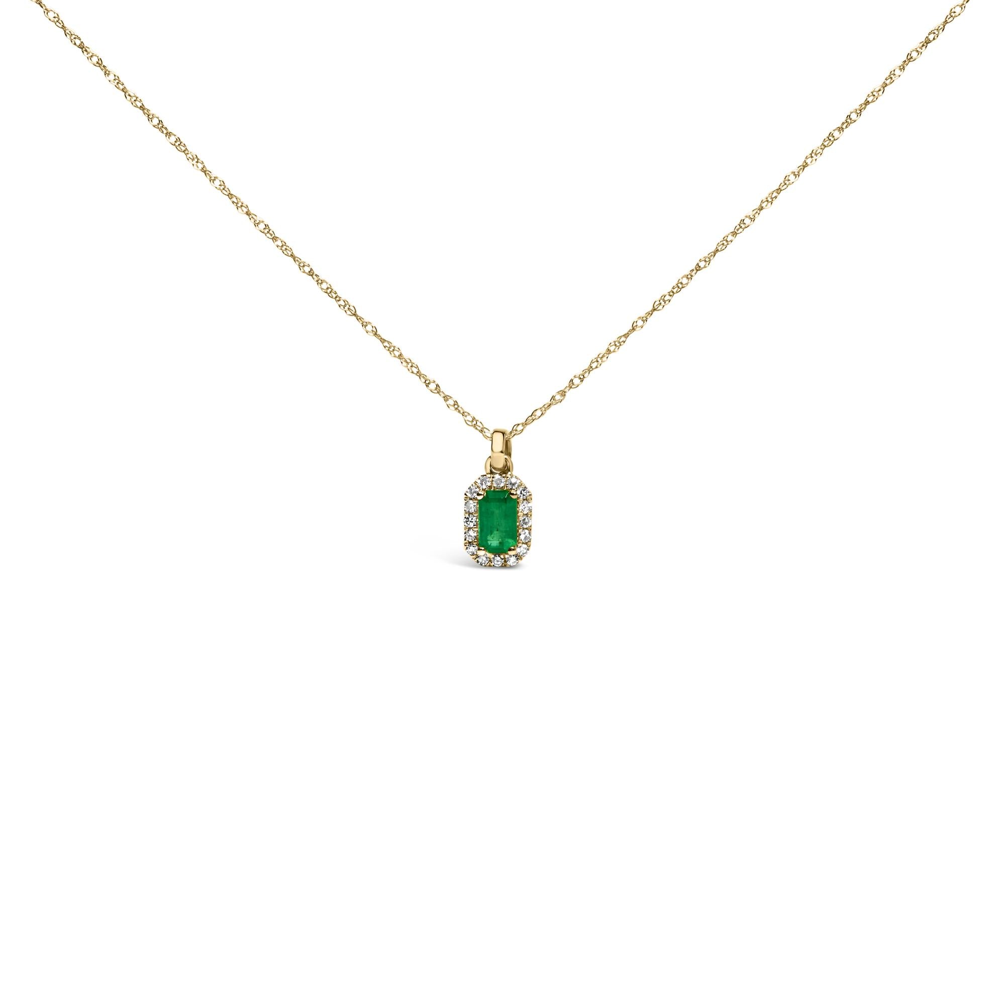10K Yellow Gold 5x3mm Green Emerald and Diamond Accent Halo Octagonal Shape 18" Pendant Necklace (I-J Color, I1-I2 Clarity)-0