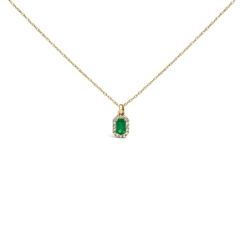 10K Yellow Gold 5x3mm Green Emerald and Diamond Accent Halo Octagonal Shape 18" Pendant Necklace (I-J Color, I1-I2 Clarity)-0
