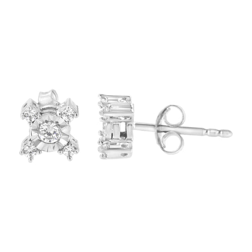 .925 Sterling Silver 1/4 Cttw Miracle Plate Set Round and Princess-Cut Diamond "X" Shaped Stud Earrings (I-J Color, I2-I3 Clarity)-0