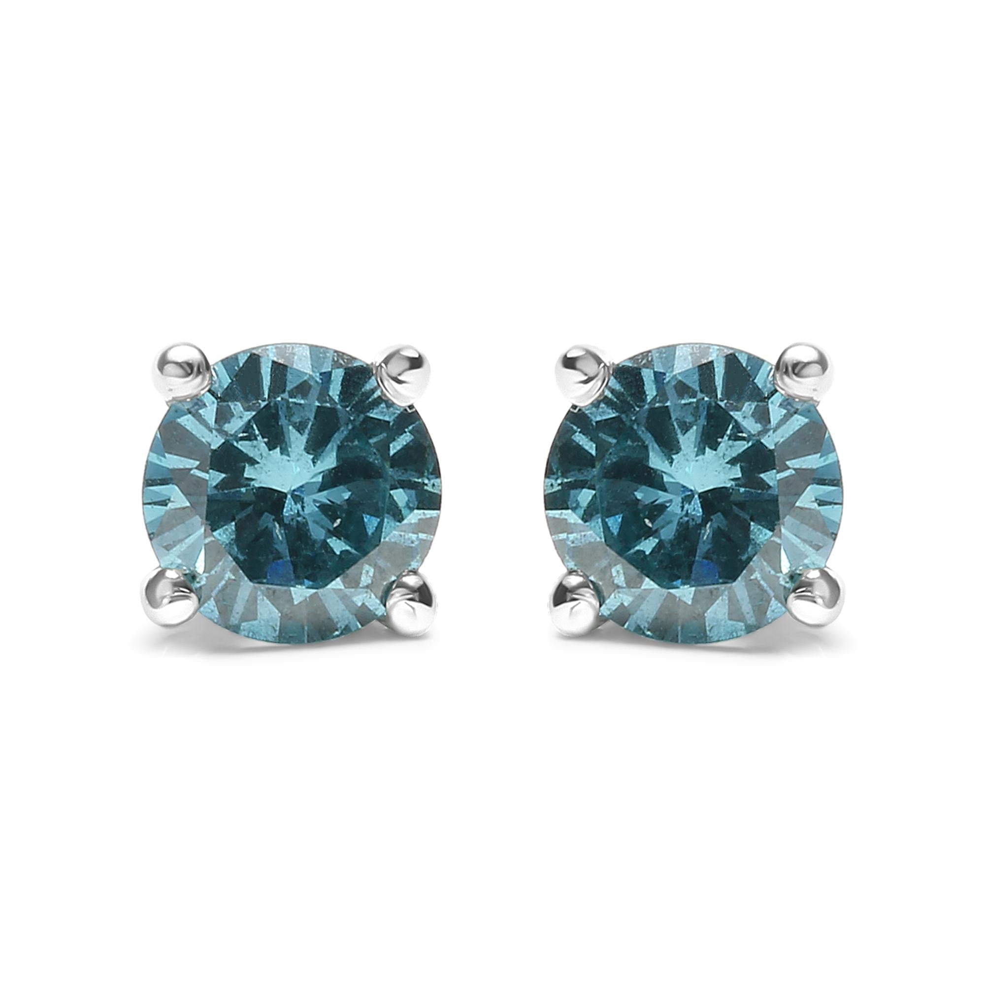 14K Gold 1/2 Cttw Aqua Blue Diamond Screw-Back 4-Prong Classic Stud Earrings (Color Treated, I2-I3)-0