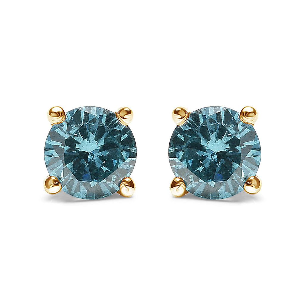 14K Gold 1/2 Cttw Aqua Blue Diamond Screw-Back 4-Prong Classic Stud Earrings (Color Treated, I2-I3)-1