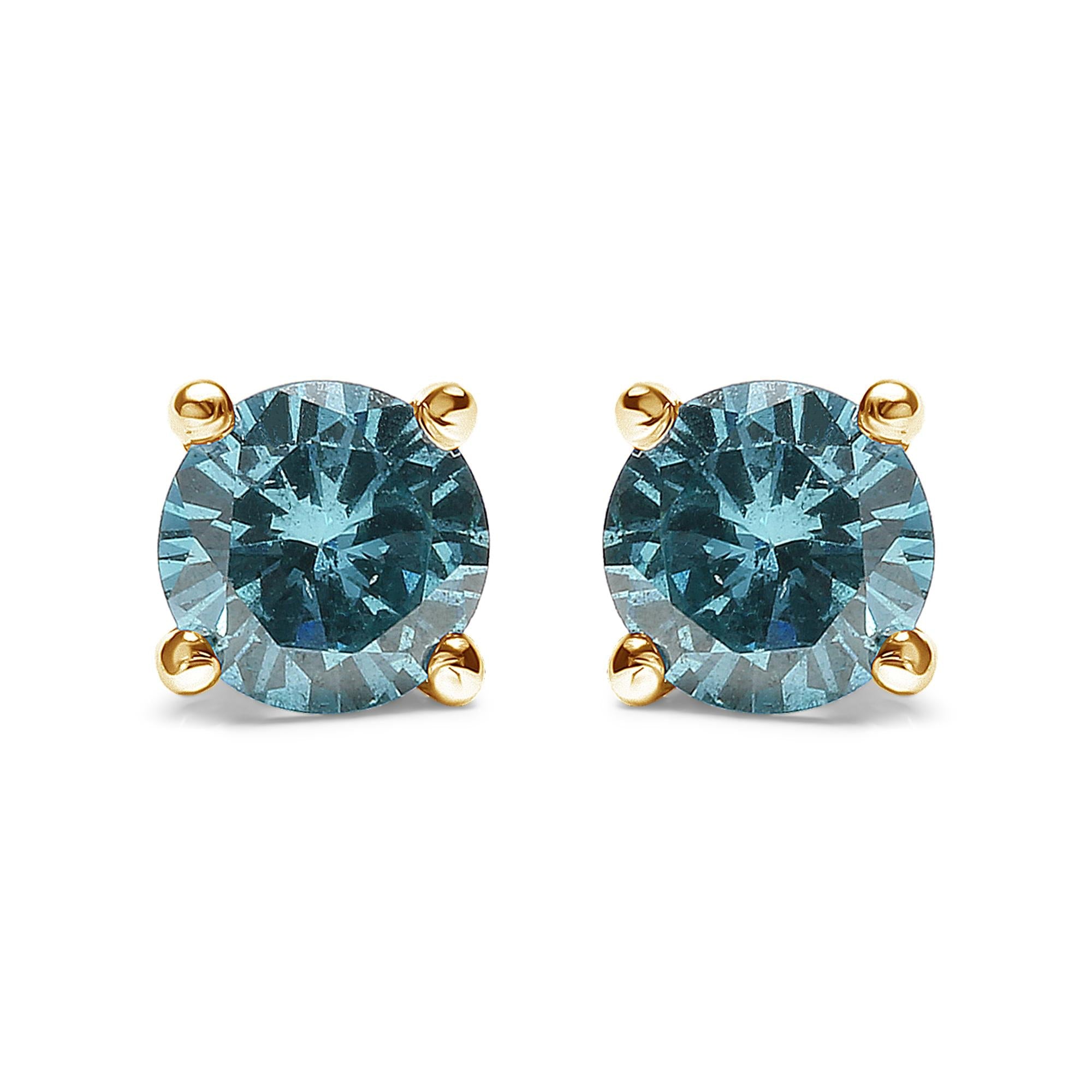 14K Gold 1/2 Cttw Aqua Blue Diamond Screw-Back 4-Prong Classic Stud Earrings (Color Treated, I2-I3)-1