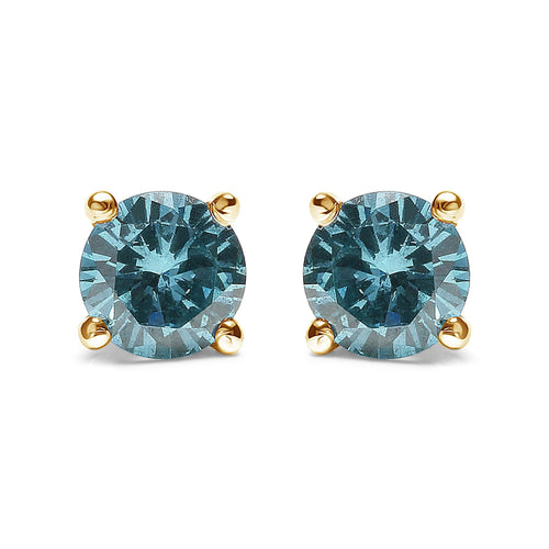 14K Gold 1/2 Cttw Aqua Blue Diamond Screw-Back 4-Prong Classic Stud Earrings (Color Treated, I2-I3)-1