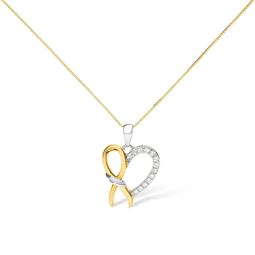 10K Yellow Gold Plated .925 Sterling Silver 1/5 Cttw Diamond Ribbon Heart Pendant Necklace (H-I Color, I2-I3 Clarity) - 18"-0