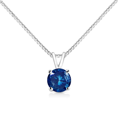 10K White Gold Round Brilliant Cut Lab Grown Blue Diamond 4-Prong Solitaire Pendant Necklace (Blue Color, VS2-SI1 Clarity) - 18"-0