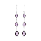 .925 Sterling Silver Checkerboard Cut Oval Purple Amethyst 2" Inch Drop and Dangle Earrings-0