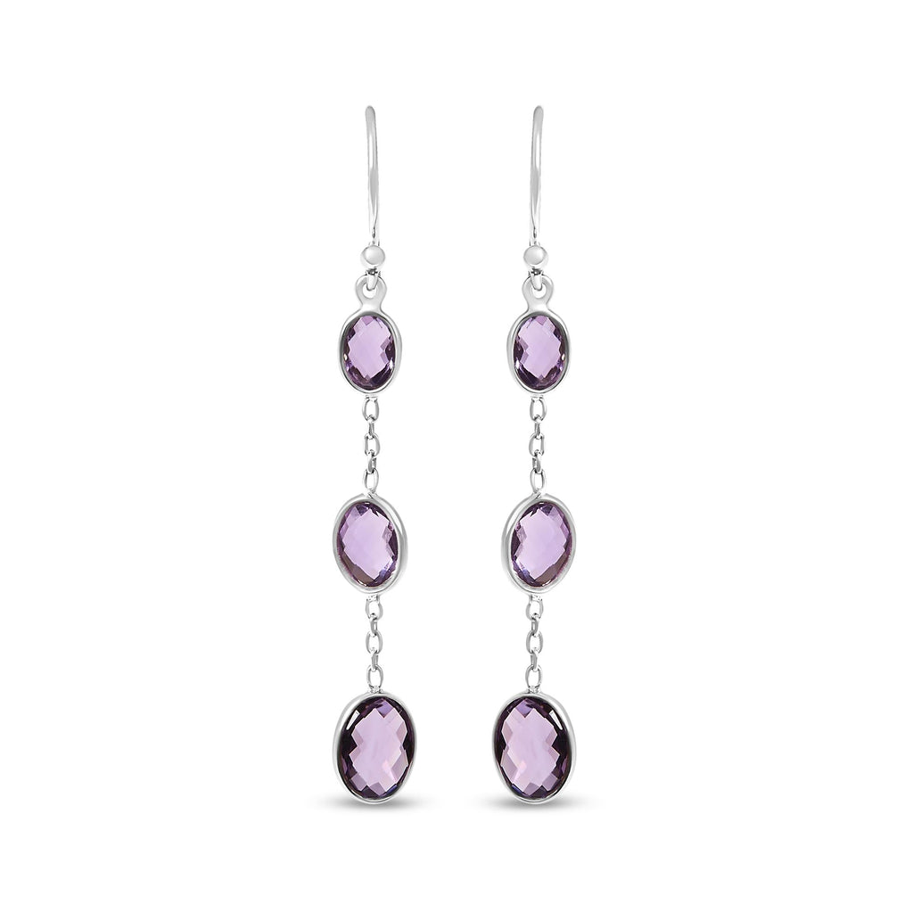 .925 Sterling Silver Checkerboard Cut Oval Purple Amethyst 2" Inch Drop and Dangle Earrings-3