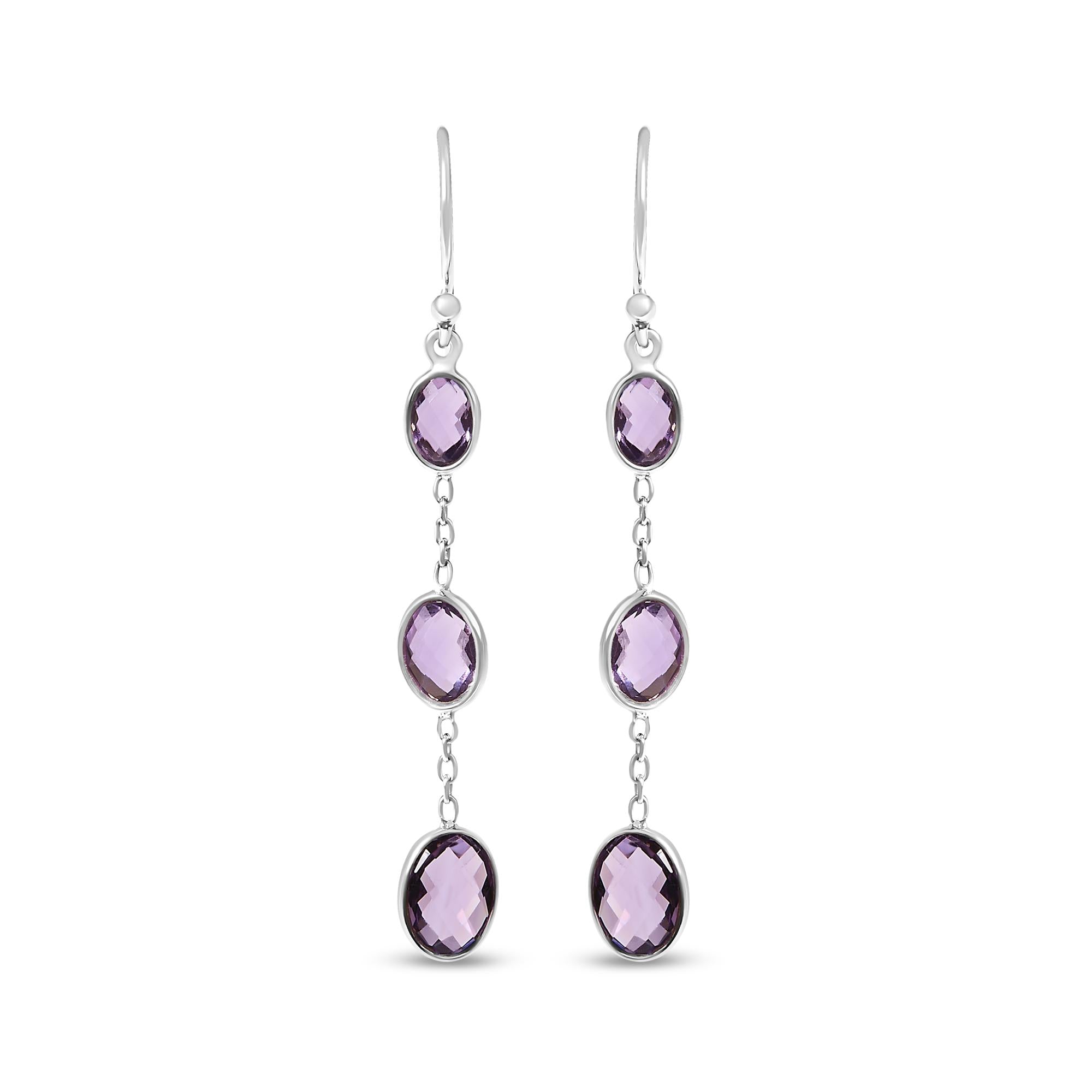 .925 Sterling Silver Checkerboard Cut Oval Purple Amethyst 2" Inch Drop and Dangle Earrings-3