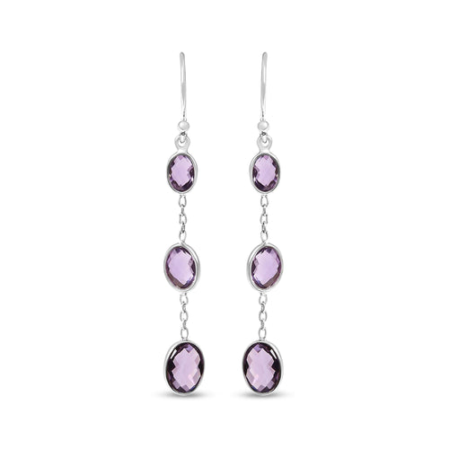 .925 Sterling Silver Checkerboard Cut Oval Purple Amethyst 2" Inch Drop and Dangle Earrings-1