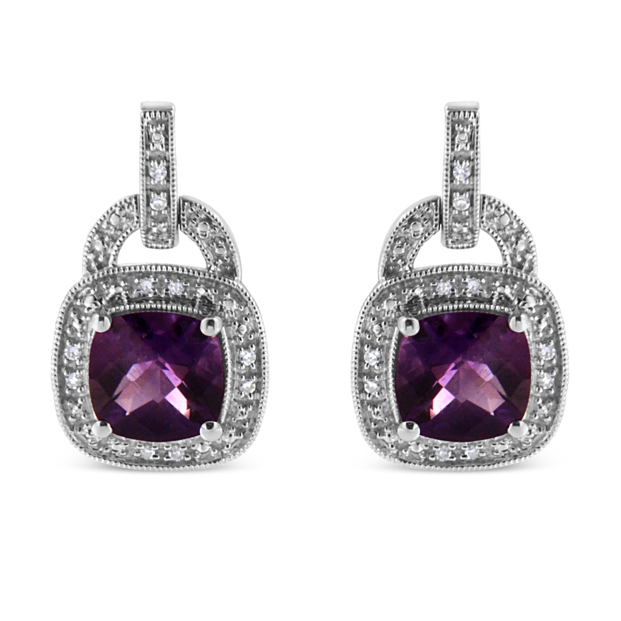.925 Sterling Silver 8MM Natural Cushion Shaped Amethyst and Diamond Accent Halo with Push Back Dangle Earrings (I-J Color, I2-I3 Clarity)-0
