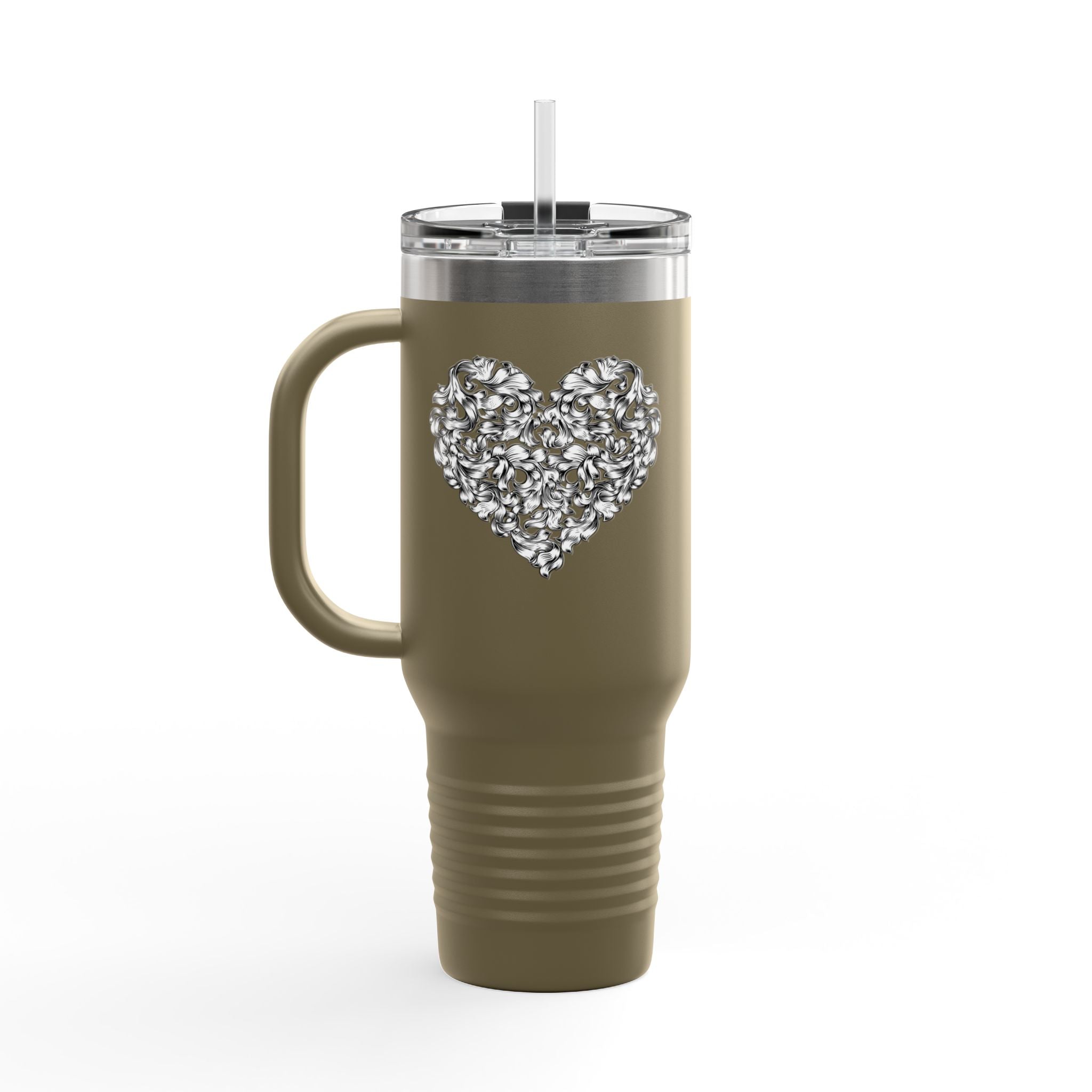 40oz Insulated Travel Mug — Silver Doodle Heart Design