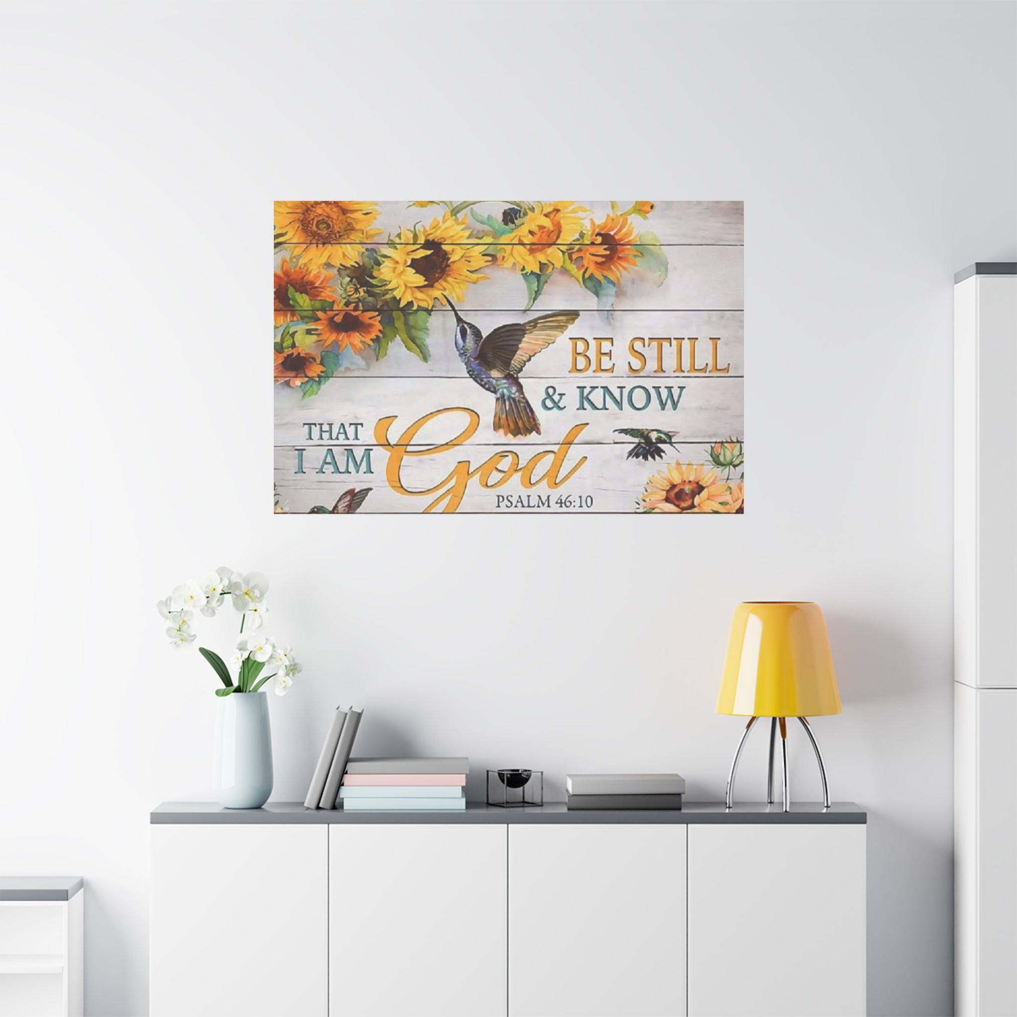 Be Still & Know I Am God Canvas Wall Art — Sunflowers & Hummingbird Psalm 46:10