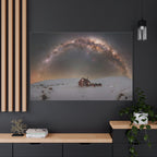 Milky Way Over Snowy Cabin — Matte Stretched Canvas Wall Art