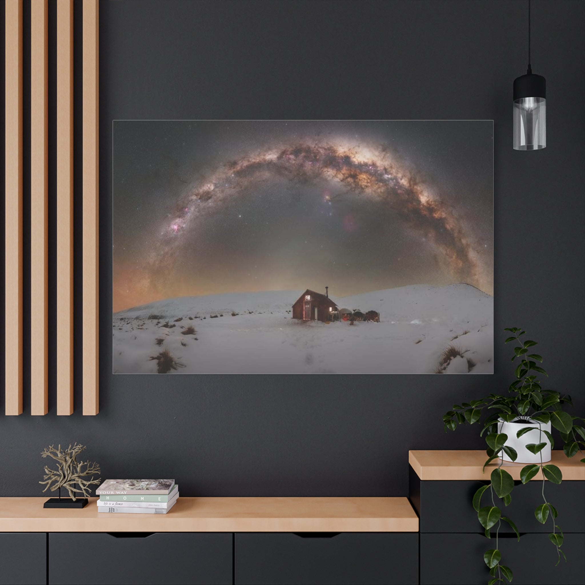 Milky Way Over Snowy Cabin — Matte Stretched Canvas Wall Art