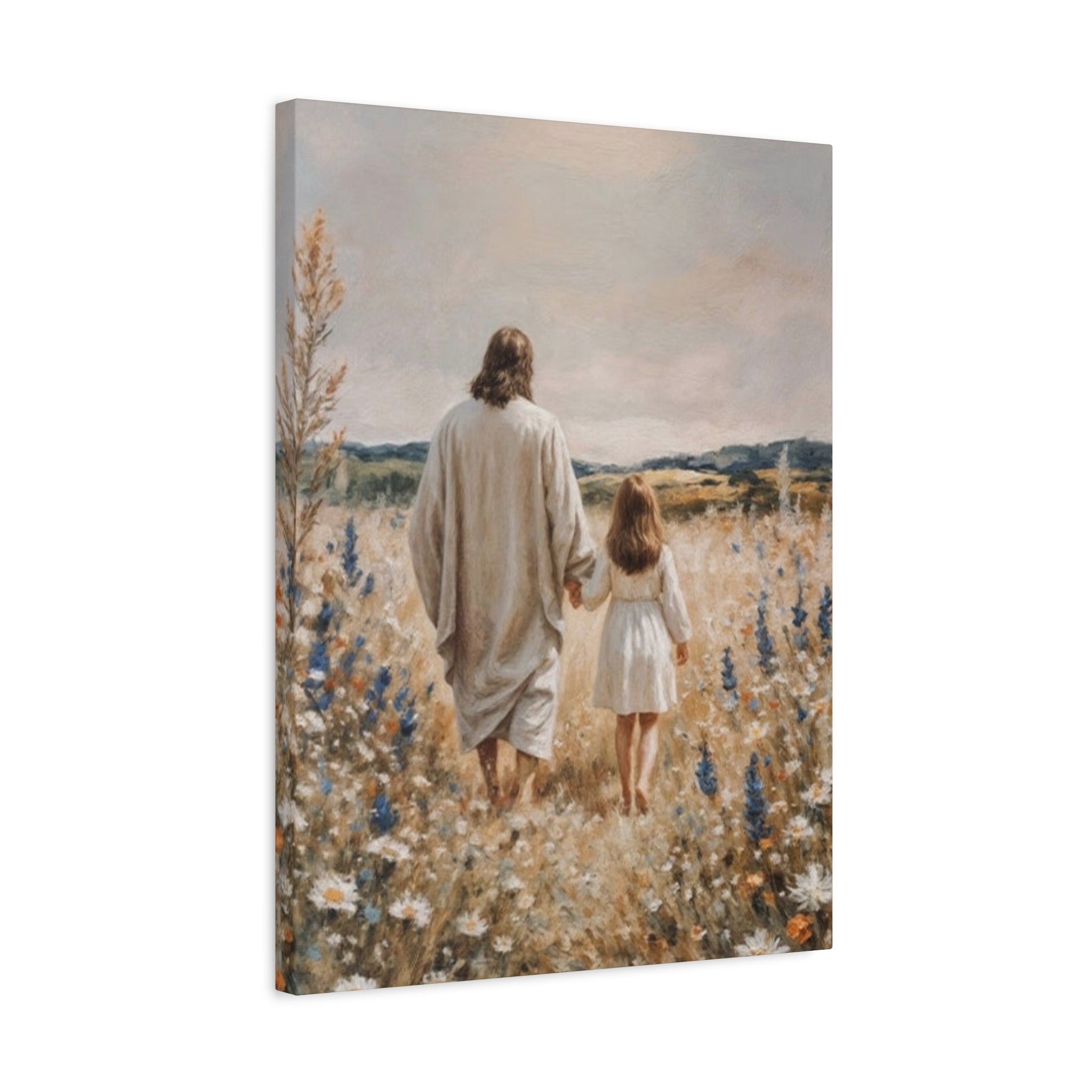 Jesus and Child Walking in Field Canvas Art - Religious Wall Decor