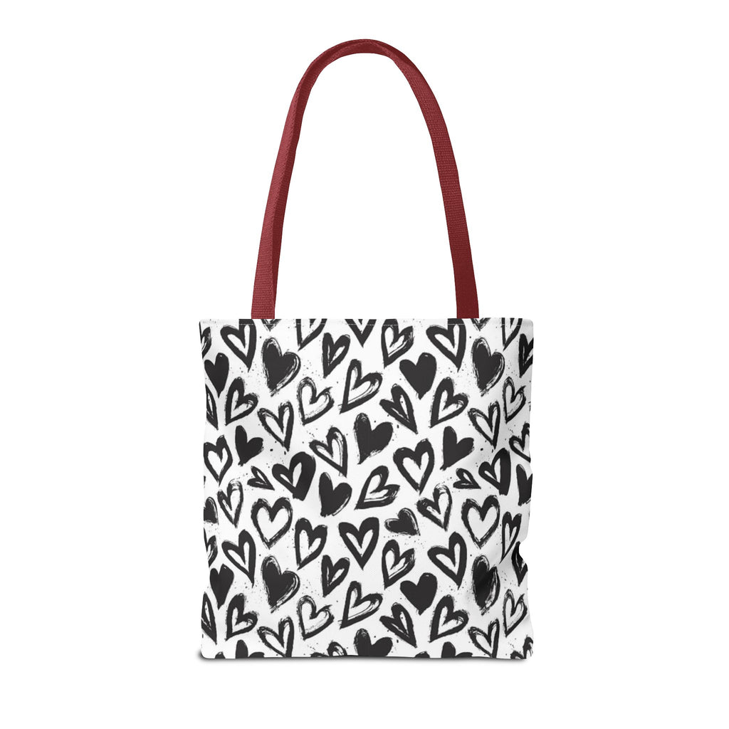 Heart Pattern Tote Bag — Black & White Hand-Drawn Hearts All-Over Print