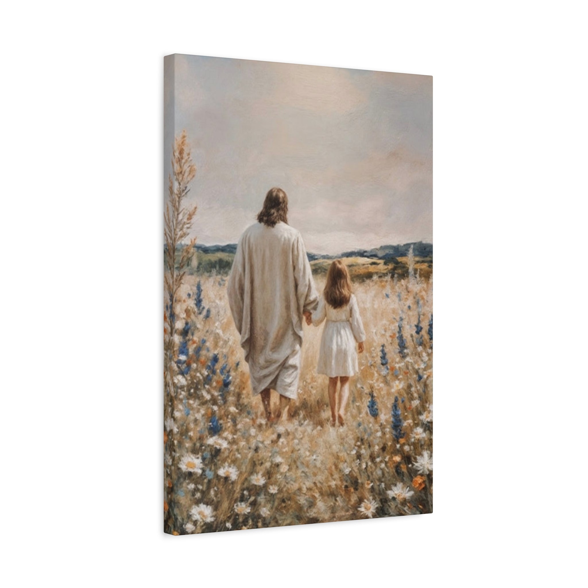 Jesus and Child Walking in Field Canvas Art - Religious Wall Decor
