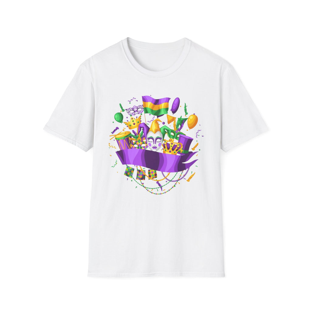 Mardi Gras Carnival T-Shirt — Festive Mask, Beads & Balloon Design
