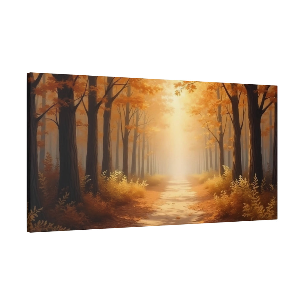 Autumn Forest Path Matte Canvas Wall Art — Golden Sunlit Woodland Scene