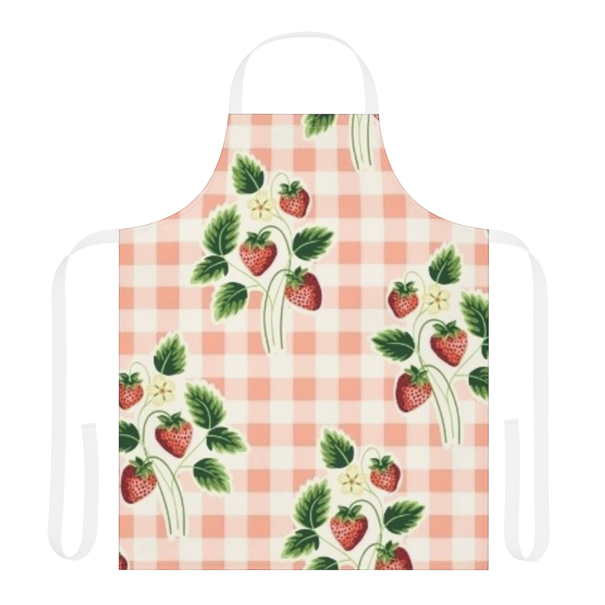 Strawberry Gingham Apron – Vintage Pink Kitchen Apron with Strawberry Print