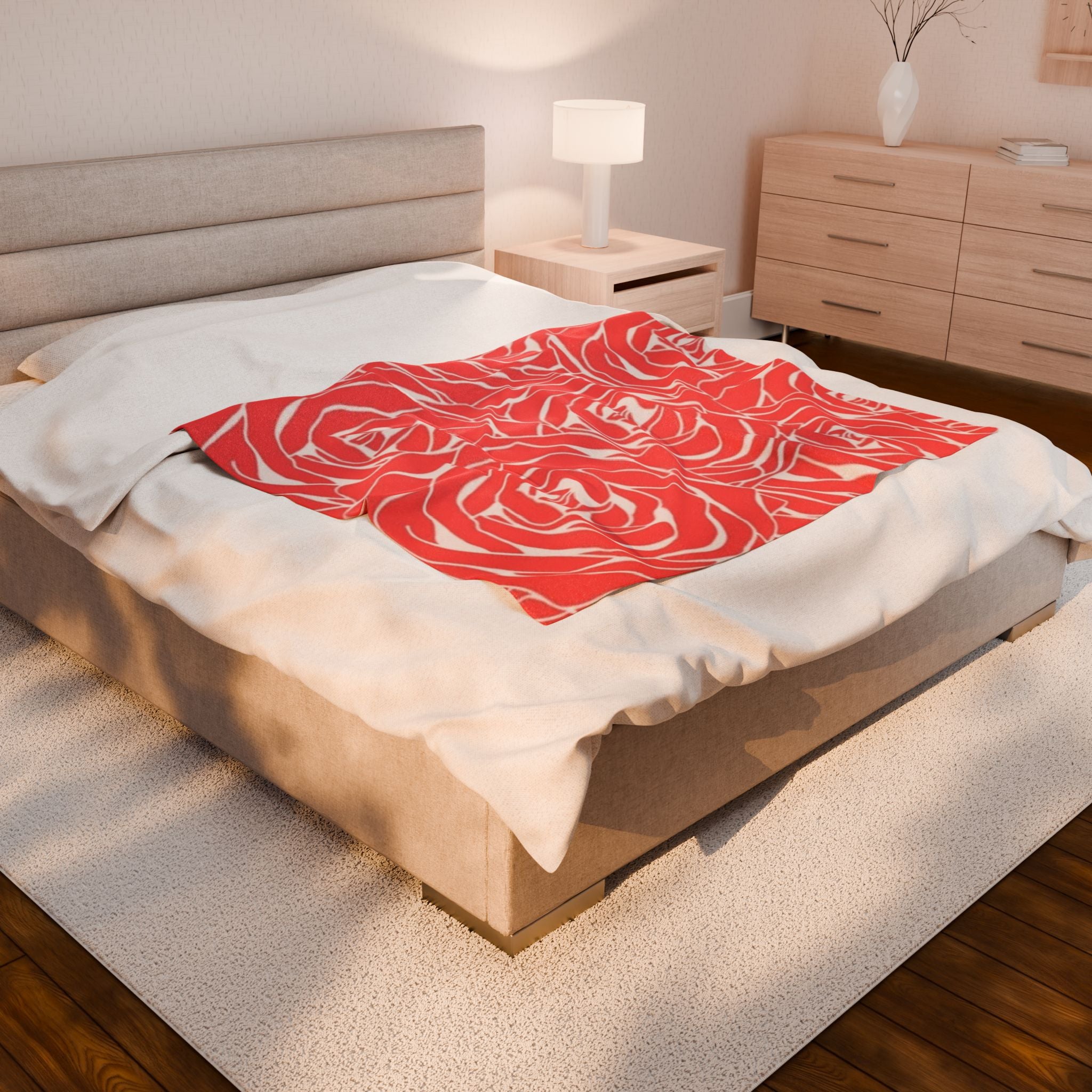Rose Pattern Plush Blanket — Coral Velveteen Throw