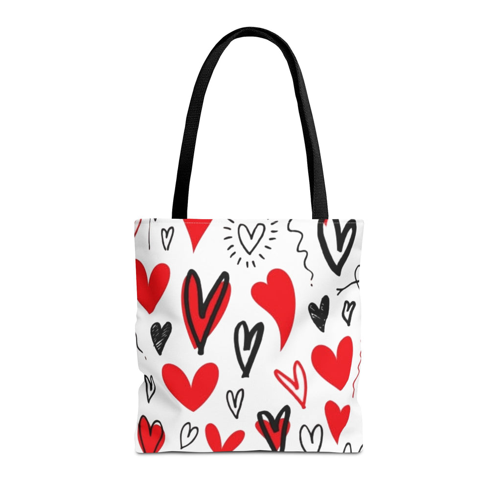Heart Pattern Tote Bag — Red & Black Doodle Hearts All-Over Print