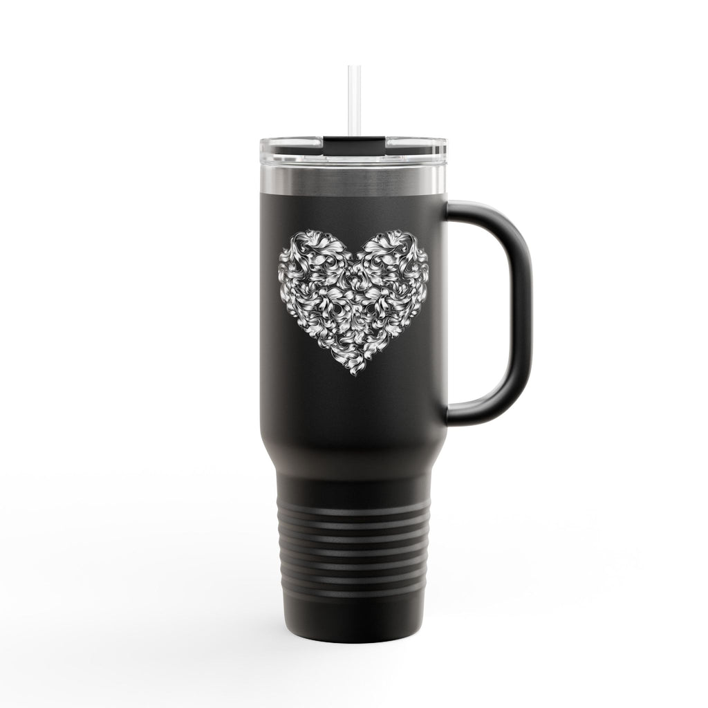 40oz Insulated Travel Mug — Silver Doodle Heart Design