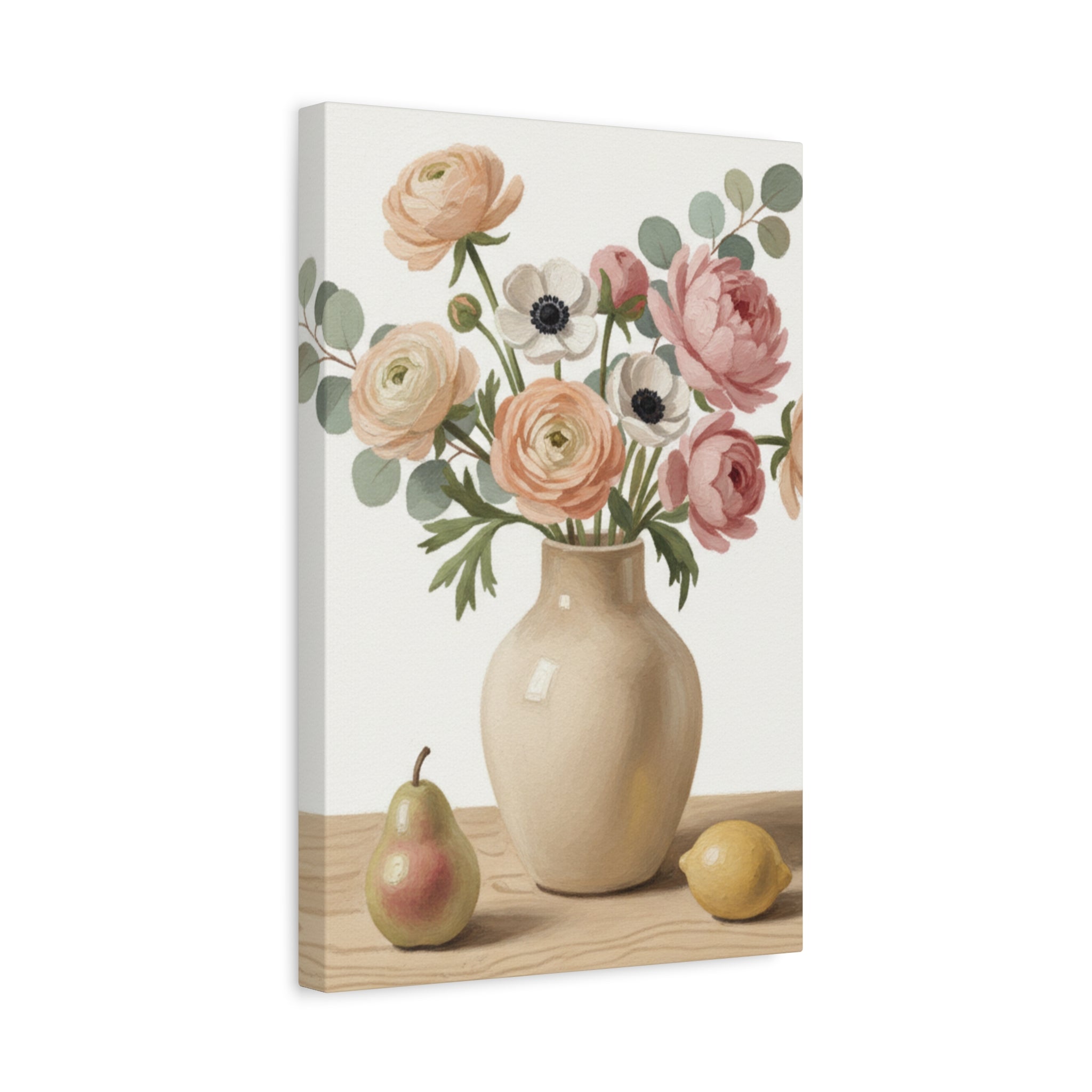 Floral Vase Canvas Wall Art — Pastel Peonies & Ranunculus Stretched Print
