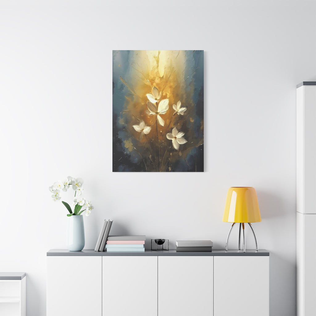 Golden Floral Canvas Print – Abstract White Flowers on Matte Stretched Canvas