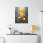 Golden Floral Canvas Print – Abstract White Flowers on Matte Stretched Canvas