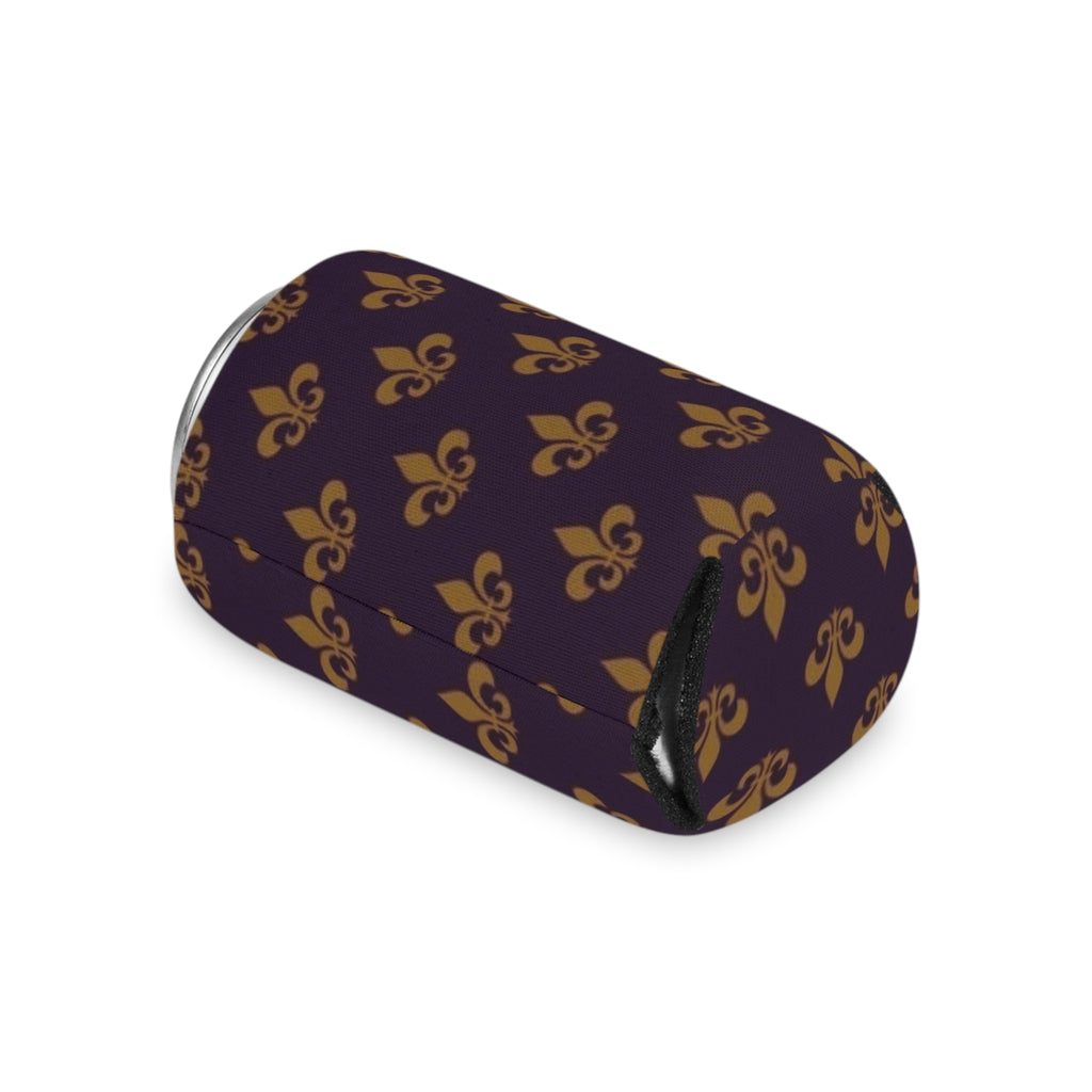 Fleur-de-Lis Can Cooler – Gold on Deep Purple Beverage Koozie