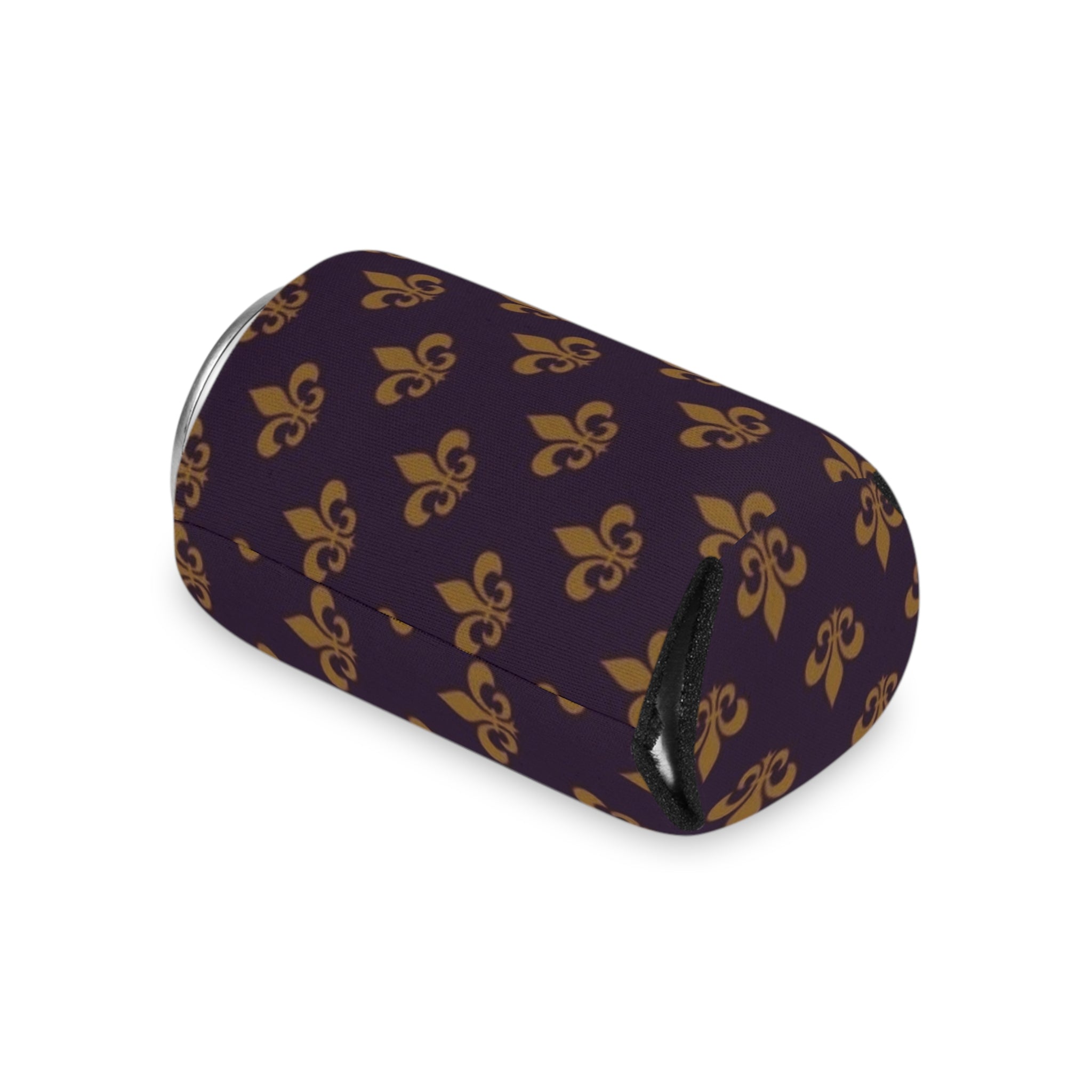 Fleur-de-Lis Can Cooler – Gold on Deep Purple Beverage Koozie