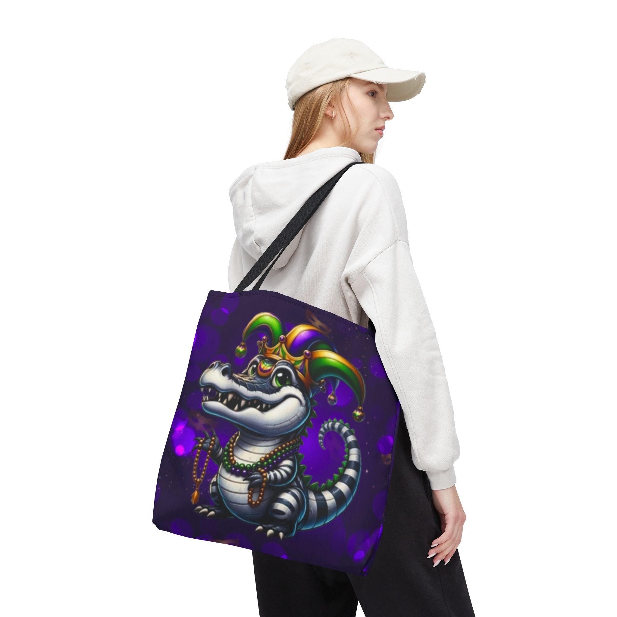 Mardi Gras Gator Tote Bag — Festive Jester Alligator Print