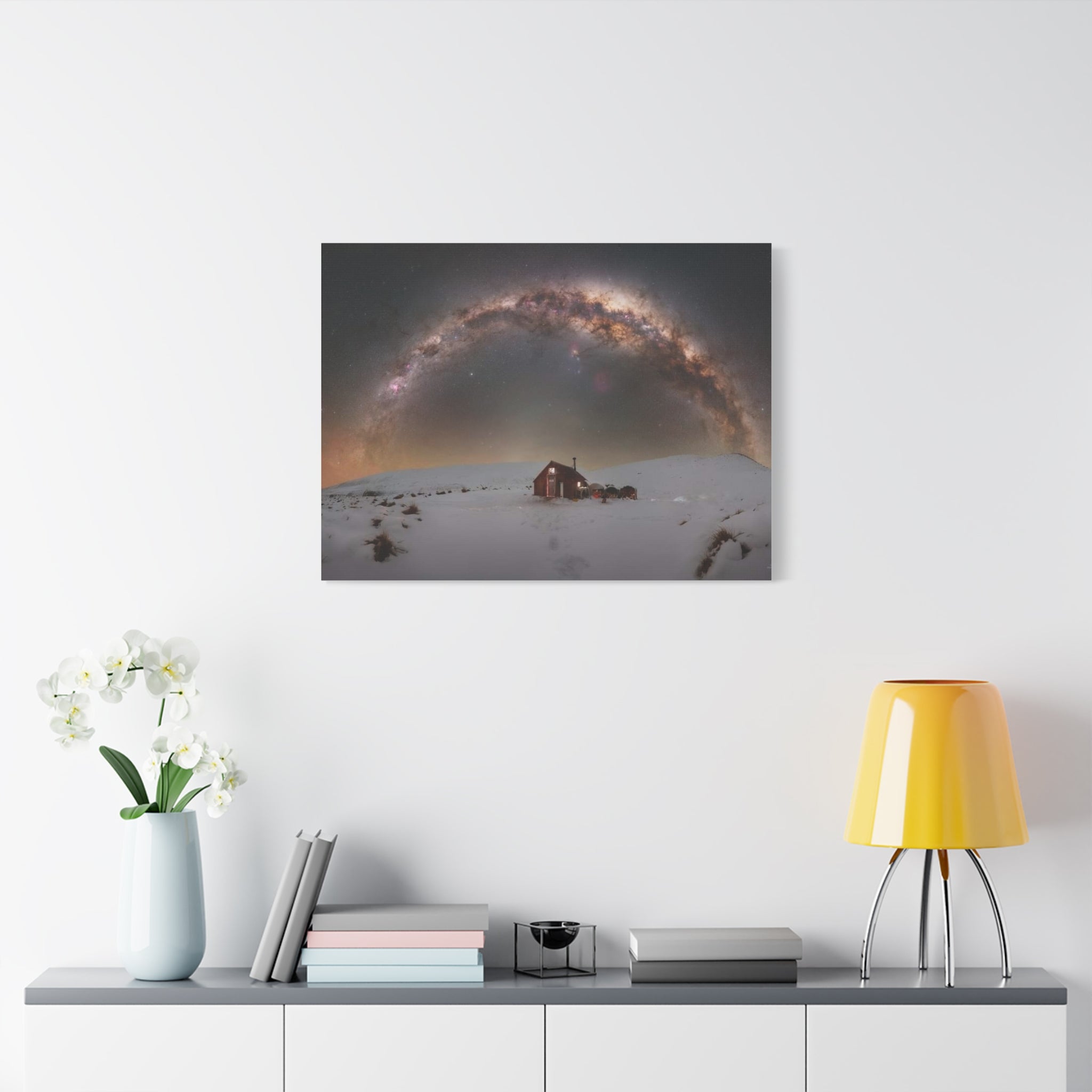 Milky Way Over Snowy Cabin — Matte Stretched Canvas Wall Art