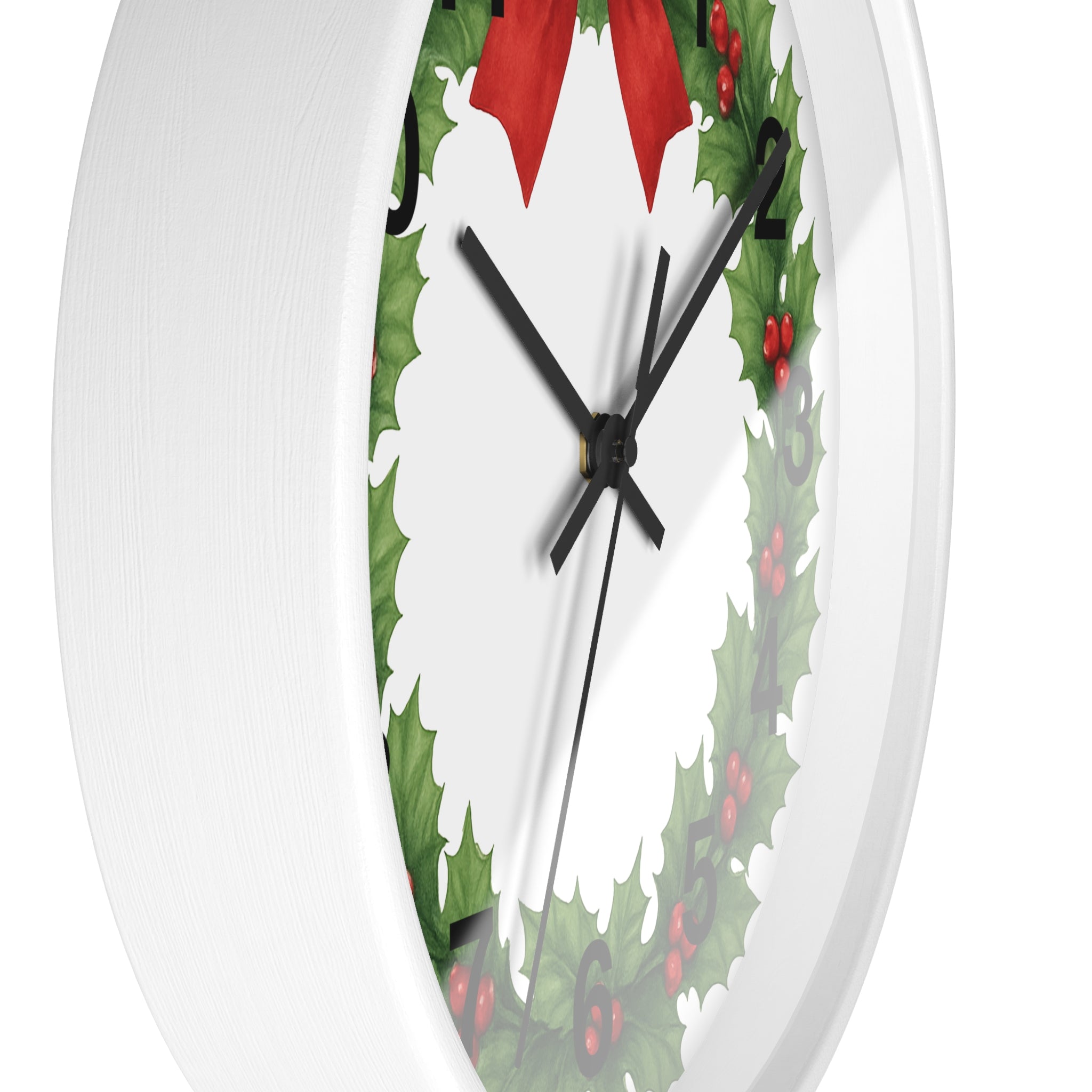 Christmas Holly Wreath Wall Clock — Festive Red Bow Holiday Decor