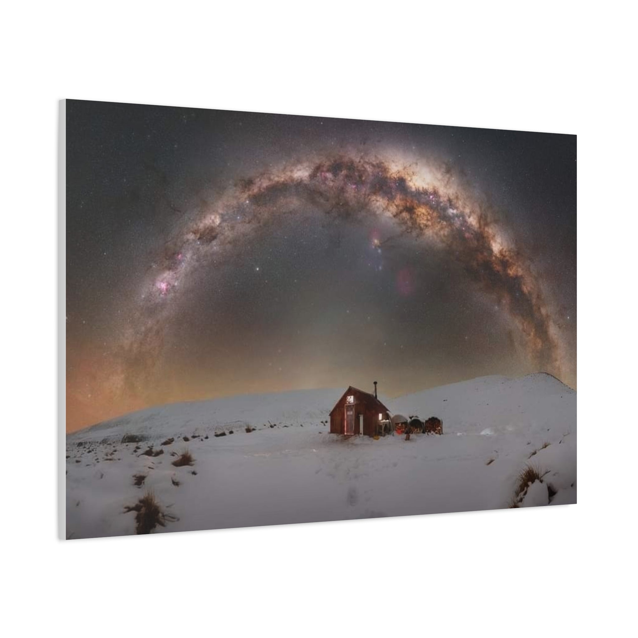 Milky Way Over Snowy Cabin — Matte Stretched Canvas Wall Art