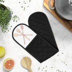 Double Oven Mitts - Black Quilted Kitchen Grabber with Wooden Spoon Design