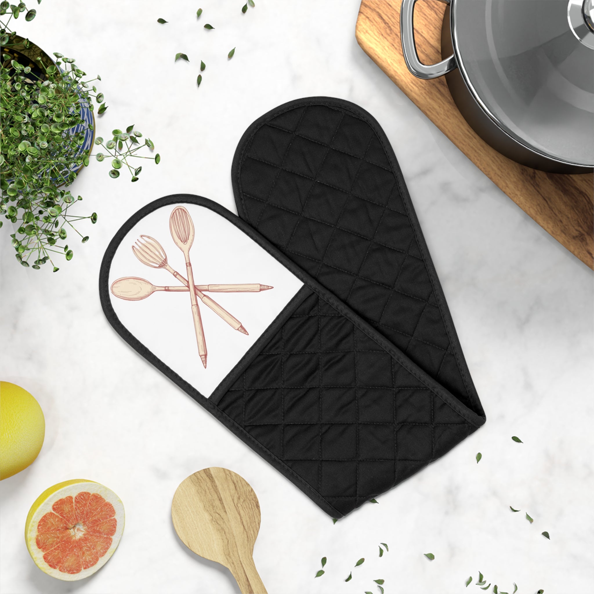 Double Oven Mitts - Black Quilted Kitchen Grabber with Wooden Spoon Design