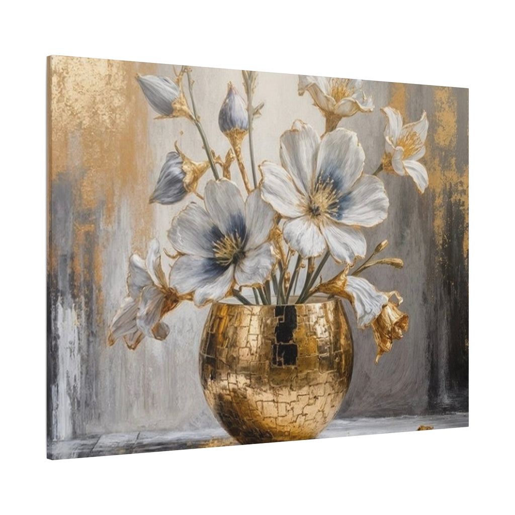 Floral Gold Vase Canvas Print — Elegant White & Blue Flower Wall Art