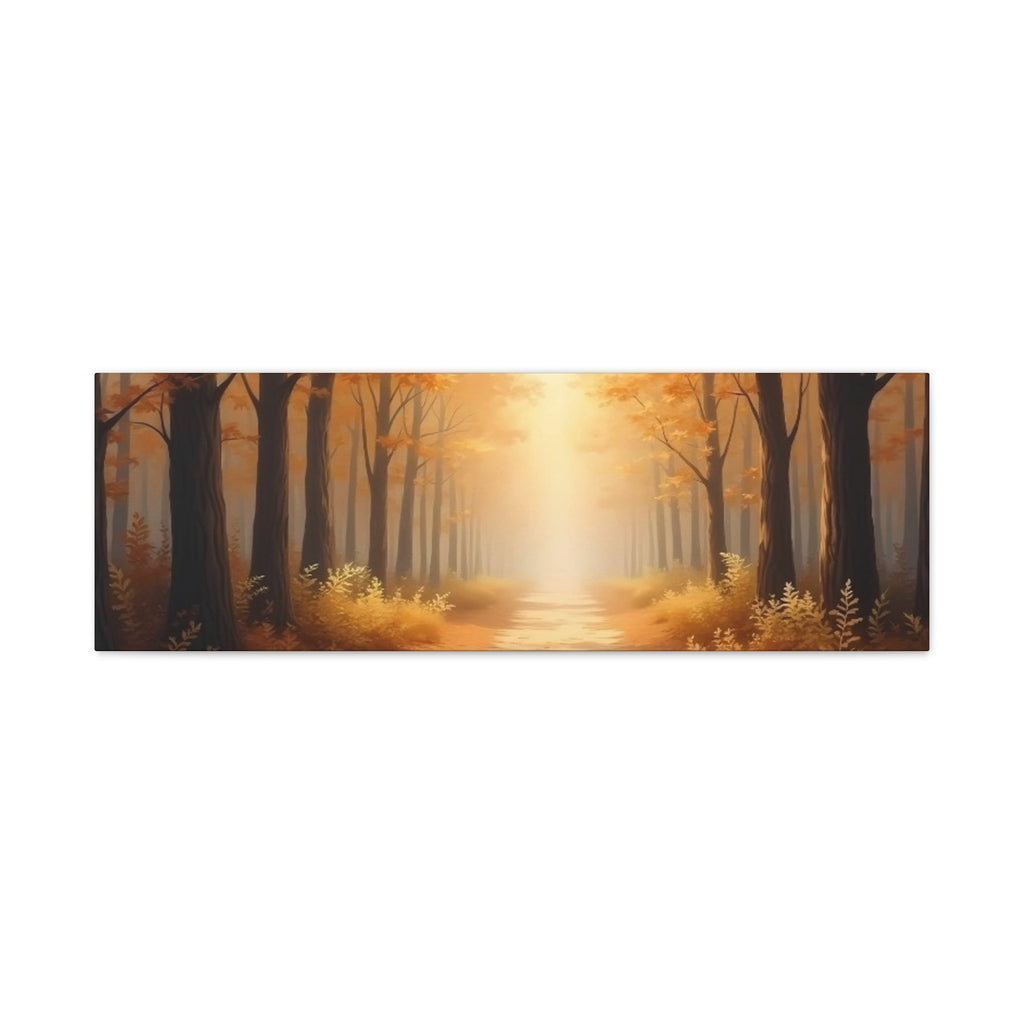 Autumn Forest Path Matte Canvas Wall Art — Golden Sunlit Woodland Scene