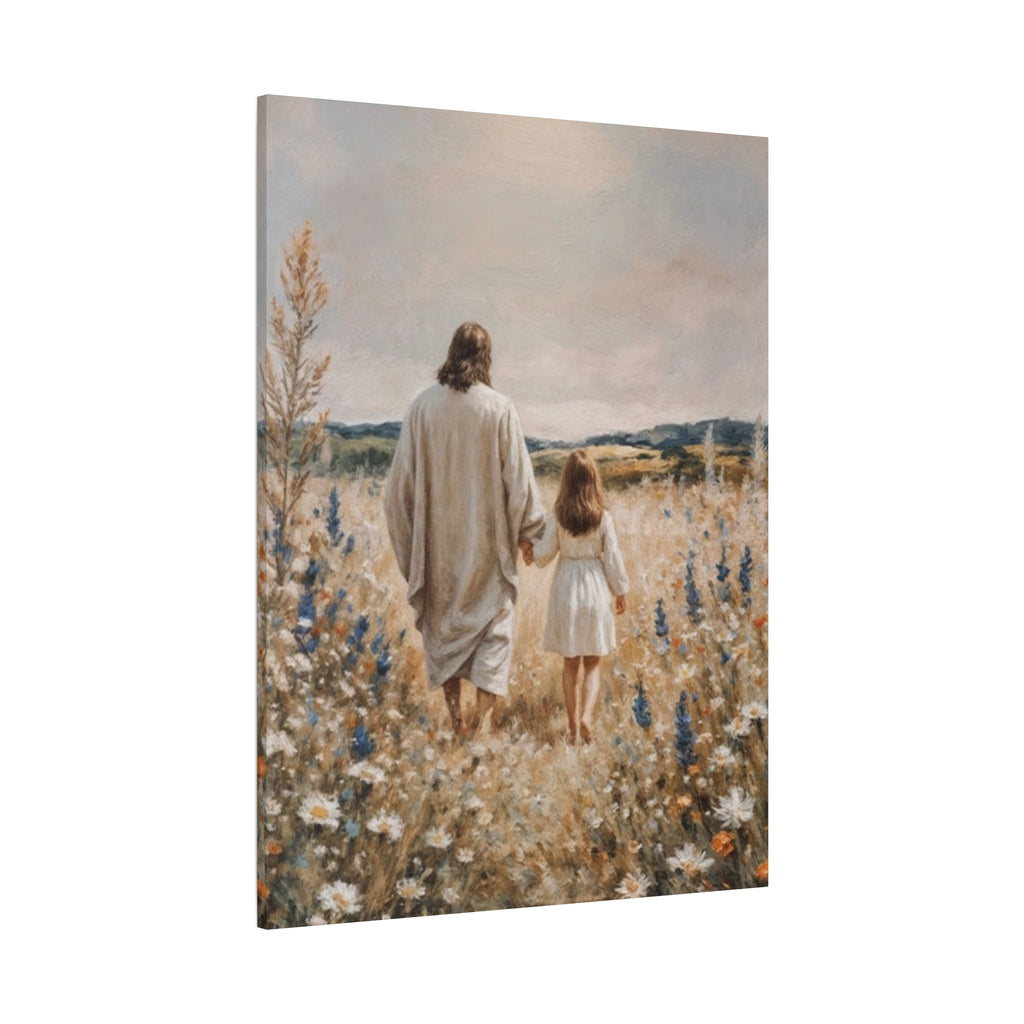 Jesus and Child Walking in Field Canvas Art - Religious Wall Decor