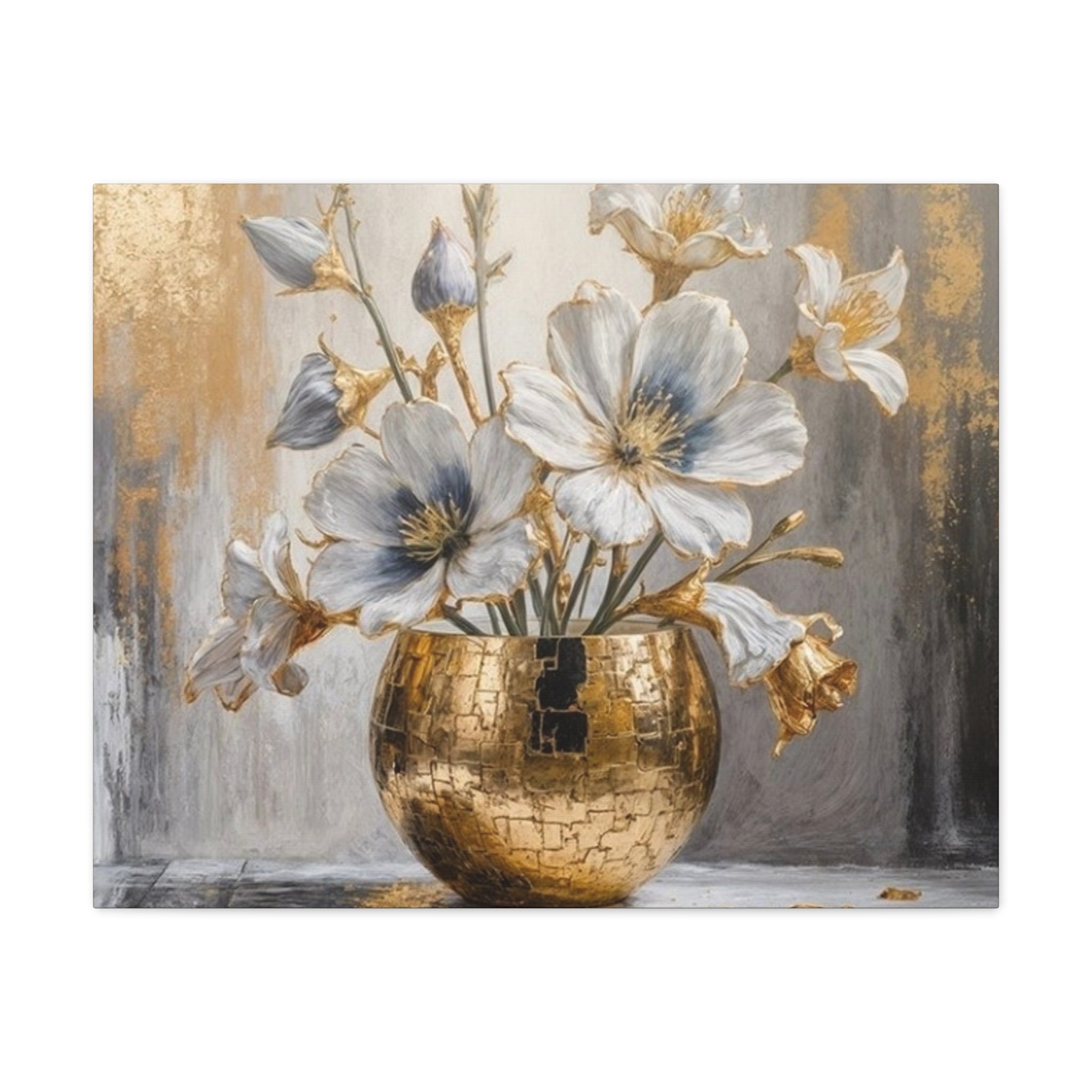 Floral Gold Vase Canvas Print — Elegant White & Blue Flower Wall Art