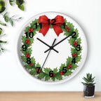 Christmas Holly Wreath Wall Clock — Festive Red Bow Holiday Decor