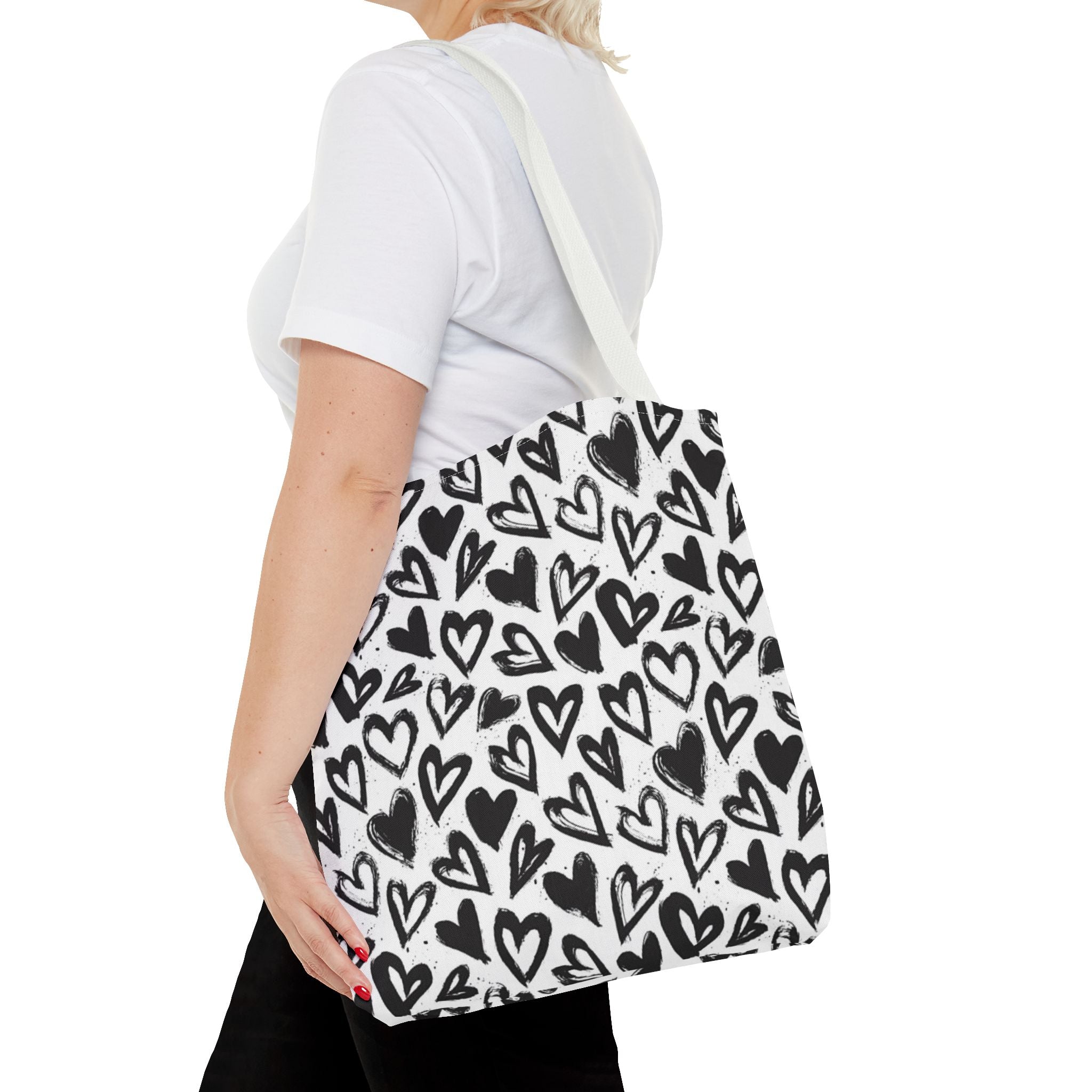 Heart Pattern Tote Bag — Black & White Hand-Drawn Hearts All-Over Print